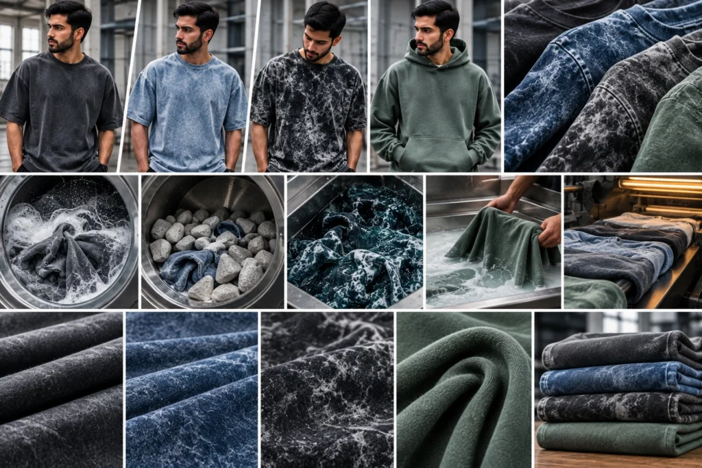 Streetwear finishing collage showing enzyme, stone, acid, and silicone washing processes alongside washed T-shirts, hoodies, fabric textures, and industrial laundry equipment.