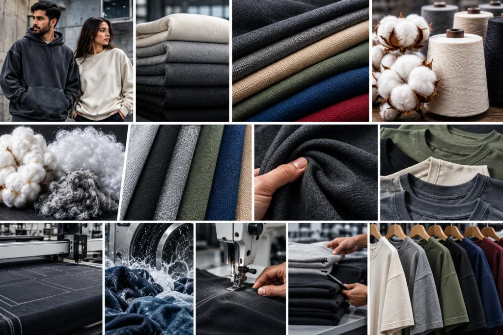 Streetwear fabric guide collage showing heavyweight T-shirts, cotton and blended fibers, knit textures, fabric handfeel, washing, cutting, sewing, and finished garments.