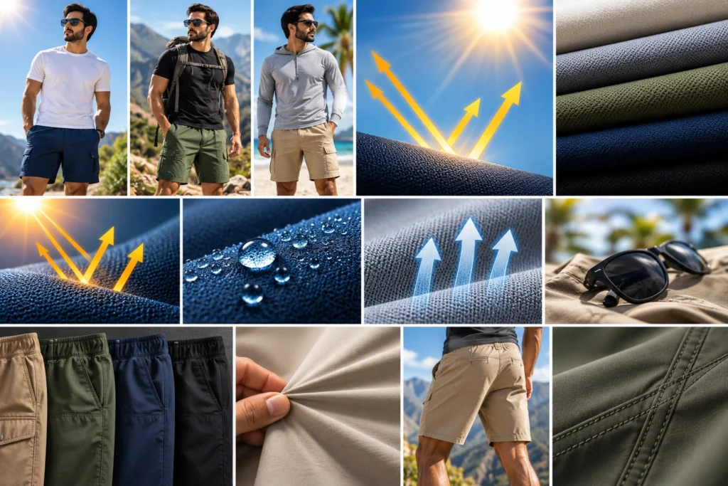 Collage of sun-protective shorts, outdoor wear, and close-up fabric textures illustrating UV protection, breathability, and garment construction.