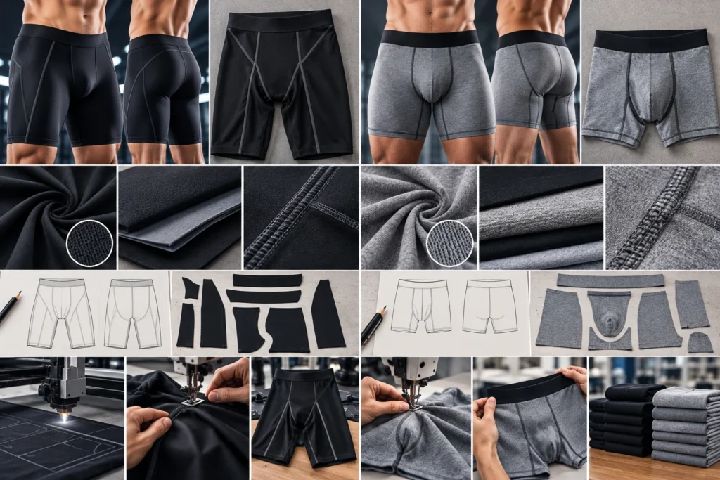 Side-by-side comparison of black compression shorts and gray boxer briefs, showing fabric textures, seam details, pattern pieces, sewing, and finished garments.