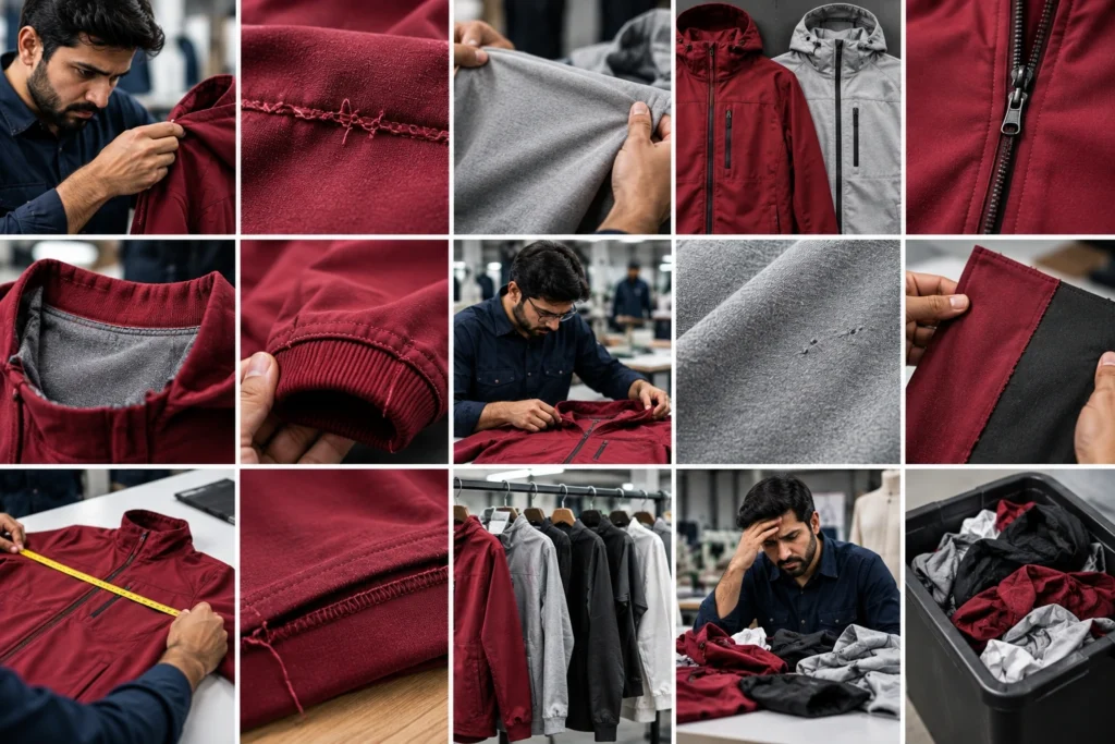 Clothing sample rejection collage showing inspectors checking faulty seams, loose threads, fabric defects, zipper alignment, sizing, and garment quality.