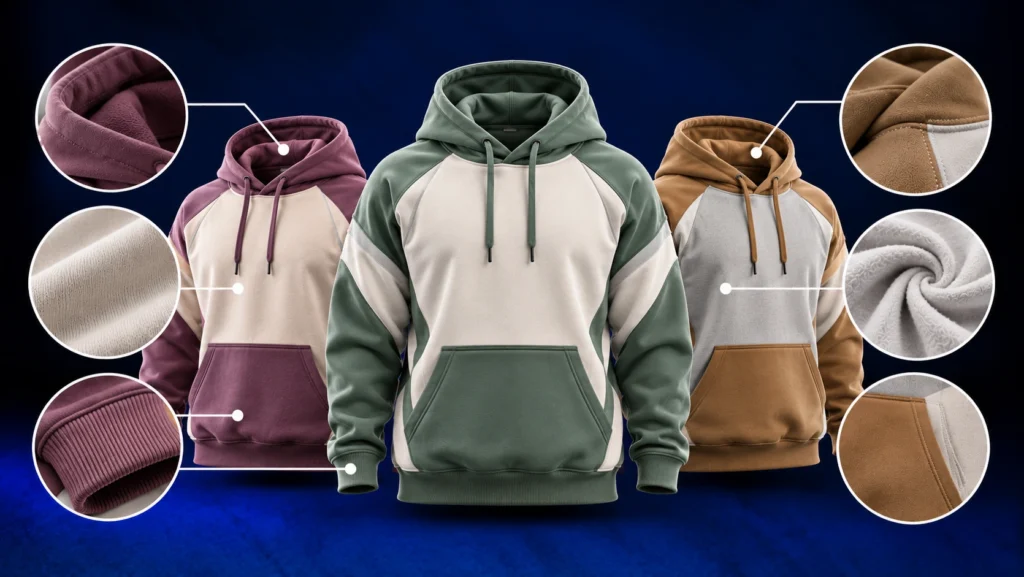 Comparison of 280, 400 and 600 GSM heavyweight hoodies in mauve, sage green and caramel colors, featuring detailed fabric textures, fleece lining, ribbed cuffs and reinforced stitching on a dark blue studio background.