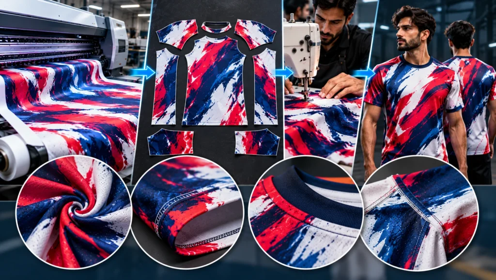 All-over print garment production showing full fabric printing, individually printed pattern panels, cut-and-sew assembly, and finished sports jerseys with continuous seam-to-seam graphics and detailed collar, hem, and seam construction.