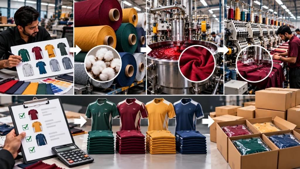 Apparel MOQ planning process showing garment design, fabric minimums, dye lot production, factory setup, sewing, order quantity planning, finished sportswear batches, and packaged garments ready for shipment.