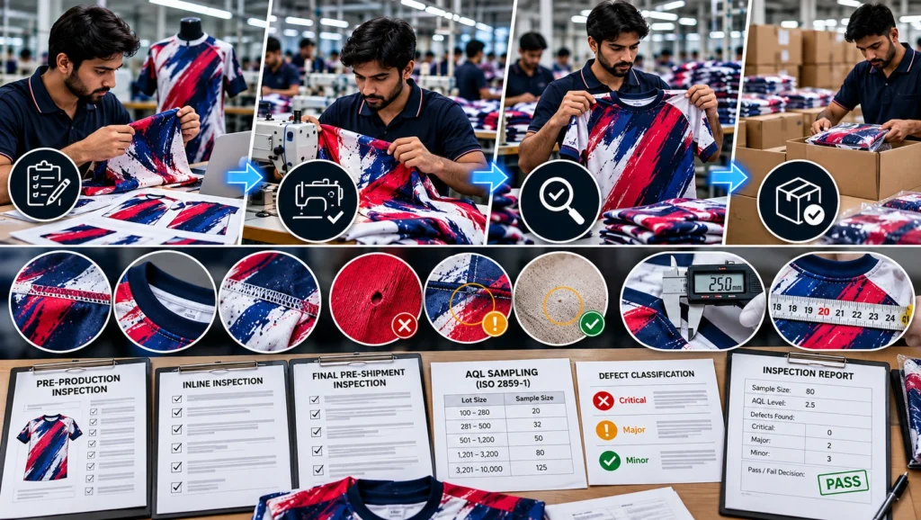Apparel quality control workflow showing pre-production, inline and final inspections, garment defect checks, measurement verification, AQL sampling, inspection forms and finished garments prepared for shipment.