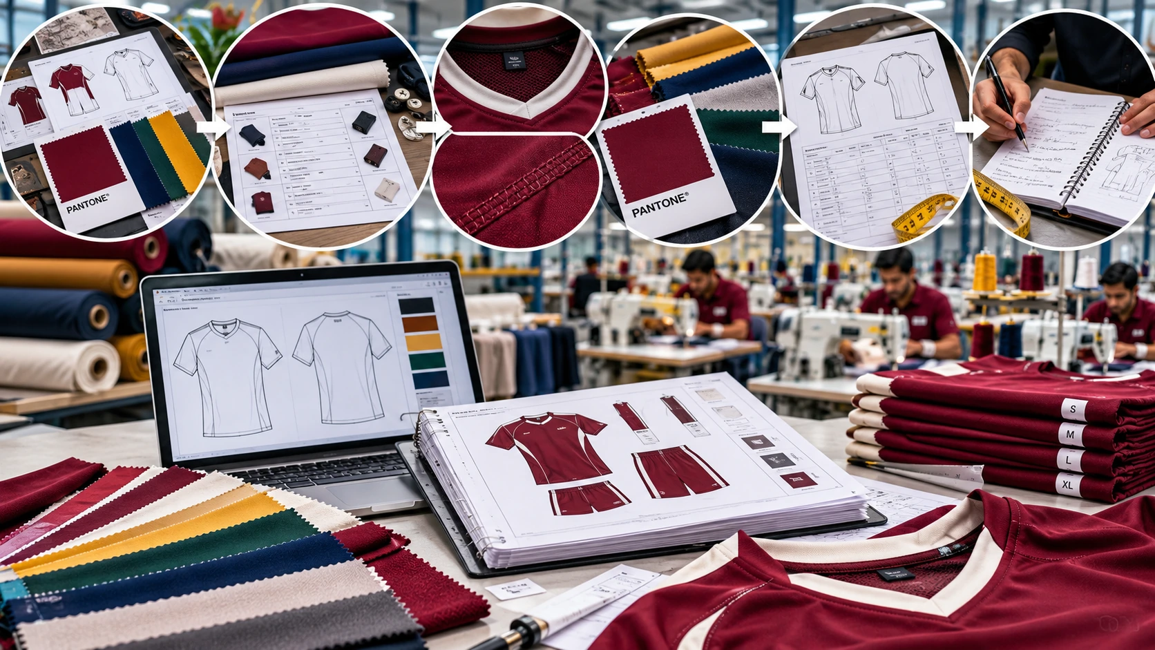 Apparel tech pack development showing garment technical drawings, bill of materials, fabric and colour swatches, construction and seam details, measurement specifications, revision notes, size grading, and factory production.