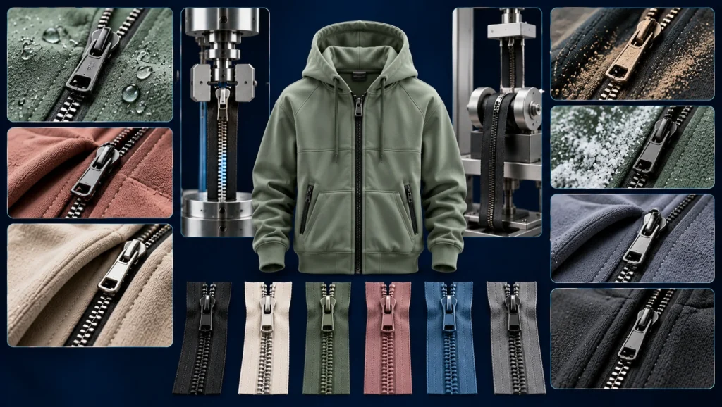 ASTM D2061 zipper durability testing for custom zip-up hoodies, featuring a sage green hoodie with black zippers, close-up zipper teeth and sliders, mechanical strength testing equipment, water and abrasion exposure, and various zipper samples on a dark navy blue background.