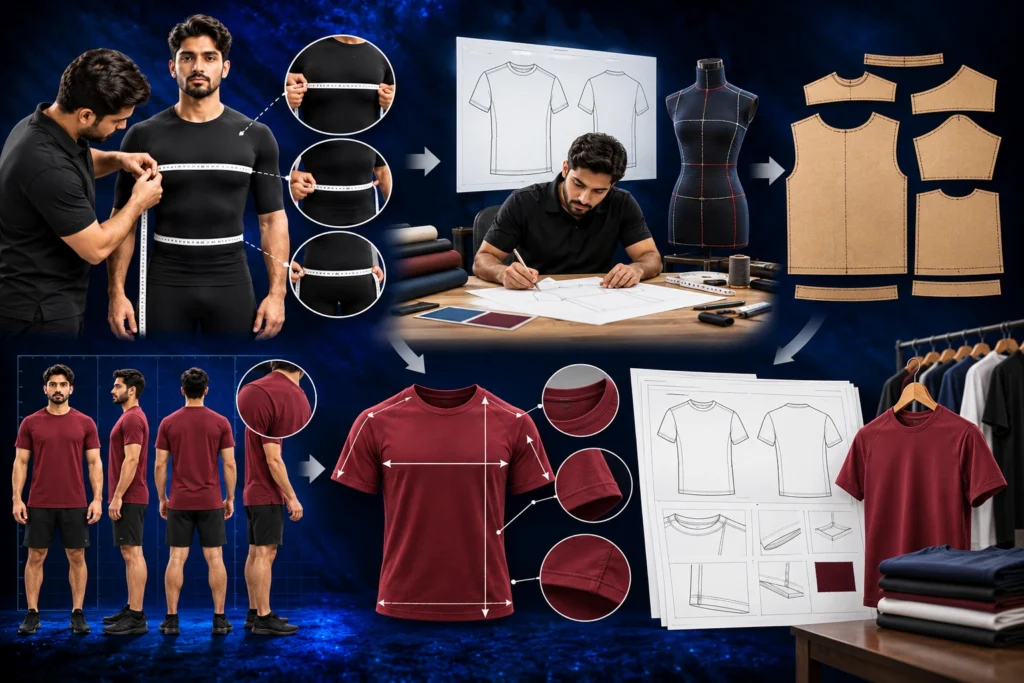Apparel development process showing body measurements, T-shirt pattern drafting, garment fit testing, finished shirt measurements, technical specification sheets, and final shirt production on a dark blue background.