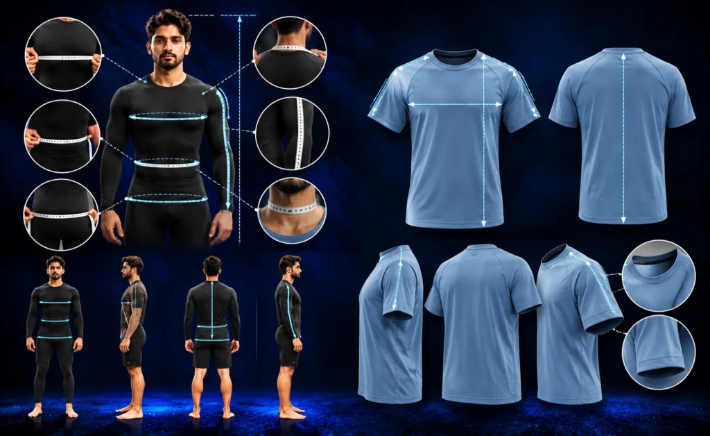 Core body measurement process showing chest, waist, hips, neck, shoulder, sleeve and body length measurements alongside light blue shirts with corresponding garment measurement points.