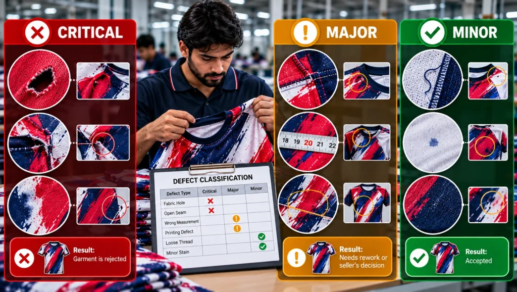 Garment quality inspector classifying apparel defects as critical, major, and minor, with close-up examples of fabric holes, open seams, measurement issues, printing defects, loose threads, and small stains.