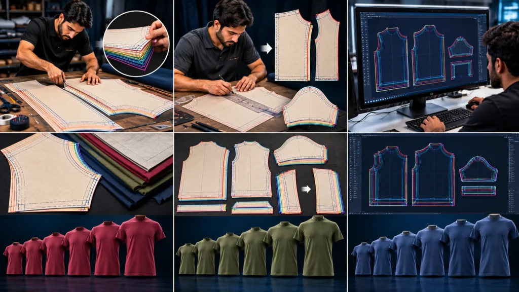 Garment pattern grading workflow showing cut-and-spread, pattern shifting, and CAD grading methods with layered pattern pieces, manual pattern work, digital grading software, and finished shirts in multiple sizes.