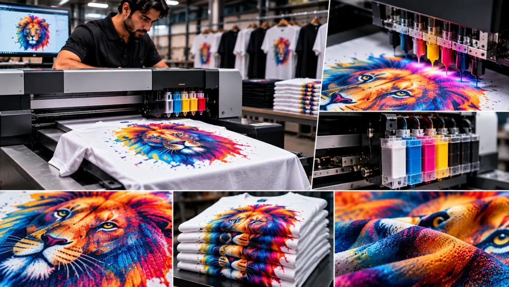 DTG printing process showing a digital print head applying vibrant multicolor ink directly onto a white T-shirt, with ink cartridges, detailed fabric print texture, and stacks of finished printed shirts.