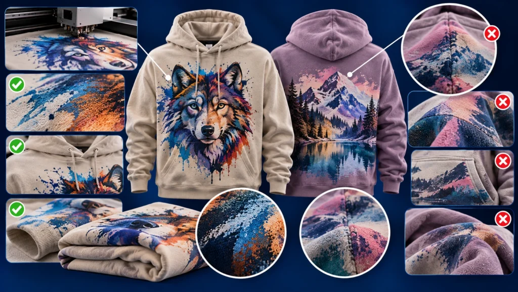 DTG printing on heavyweight hoodies featuring a cream hoodie with colorful wolf artwork and a lavender hoodie with a mountain landscape design, highlighting suitable printing areas and limitations around seams, pockets and textured fabric on a dark navy blue background.