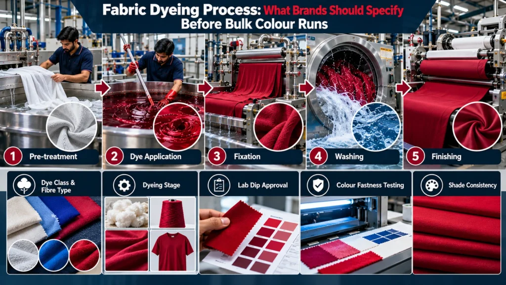 Fabric dyeing process showing pre-treatment, dye application, fixation, washing and finishing, with brand specification checks for fibre type, dyeing stage, lab dip approval, colour fastness testing and shade consistency before bulk production.