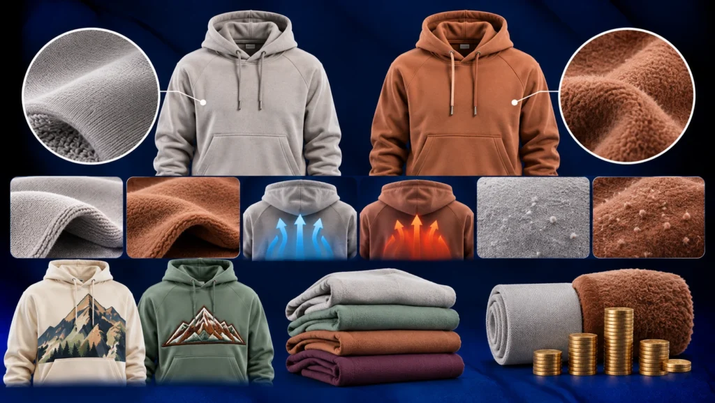 French Terry vs fleece hoodie fabric comparison featuring grey and rust-colored hoodies, close-up knit textures, warmth and breathability illustrations, fabric pilling, printing and embroidery samples, and manufacturing cost differences on a dark blue background.