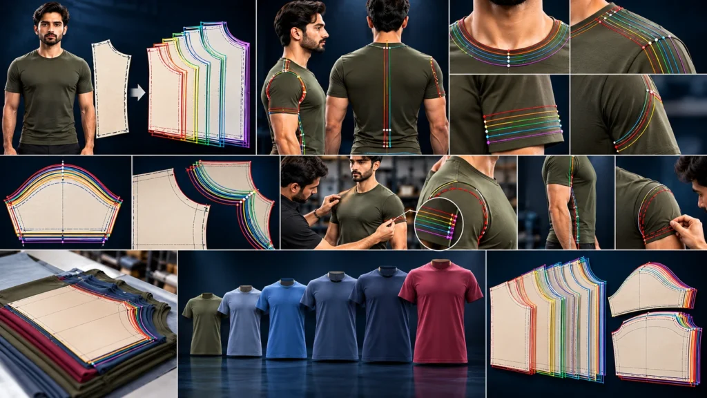 Garment grade rule process showing different pattern increments across necklines, shoulders, armholes, sleeves and body dimensions, with layered pattern sizes, fit checking and finished shirts in multiple sizes.