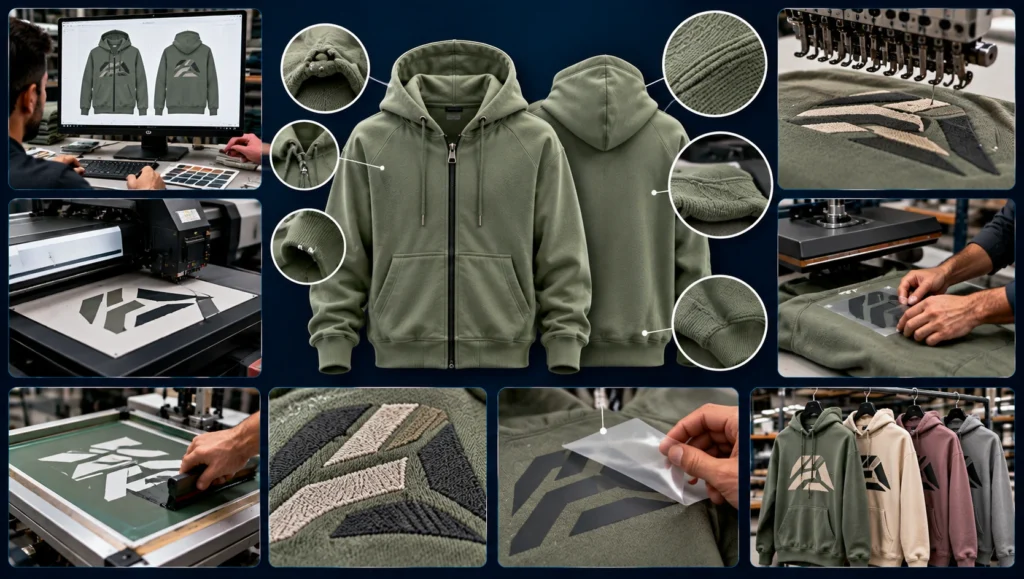 Custom hoodie decoration and placement process featuring sage green zip-up hoodies, screen printing, embroidery, heat transfer printing, design positioning, fabric details and finished garments on a dark navy blue background.
