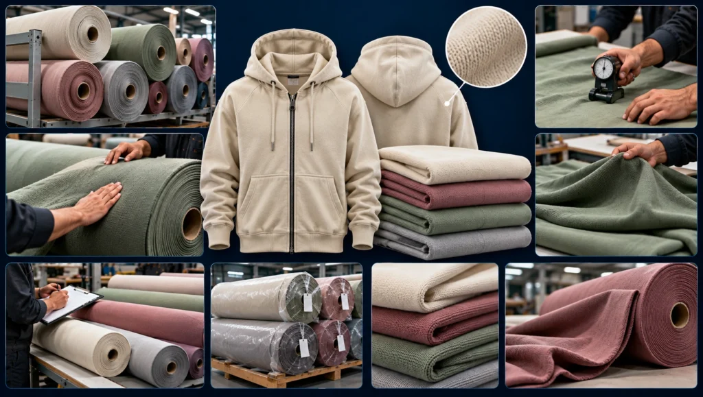 Hoodie fabric roll inspection and knit resting process featuring cream zip-up hoodies, fabric rolls in sage green, dusty pink and grey, textile quality checks, fabric measurements and material preparation before cutting on a dark navy blue background.
