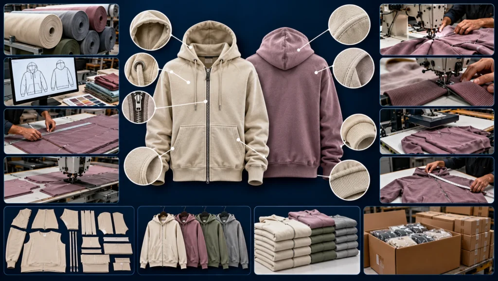 Custom hoodie manufacturing process from fabric rolls to packed cartons, featuring cream and mauve hoodies, garment pattern development, fabric cutting, industrial sewing, hood and zipper construction, ribbed cuffs, quality inspection, folded garments and shipping packaging on a dark navy blue background.