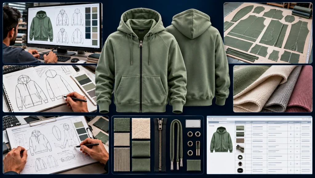 Custom hoodie pattern development and bill of materials featuring sage green zip-up hoodies, technical design sketches, fabric cutting patterns, material swatches, zipper hardware, drawstrings and garment production specifications on a dark navy blue background.