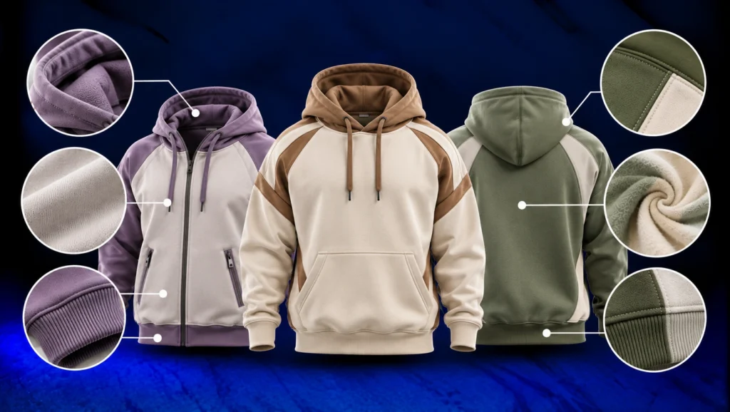 Three custom heavyweight hoodies in lavender, cream and sage green, showcasing fabric textures, ribbed cuffs, reinforced seams and fleece construction details relevant to hoodie shrinkage and dimensional stability on a dark navy studio background.