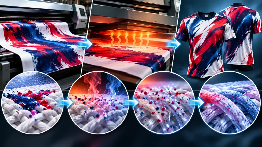 Dye sublimation process showing printed transfer material heated onto polyester, dye turning into gas and penetrating polyester fibers, then cooling and becoming permanently embedded to create vibrant all-over printed jerseys.