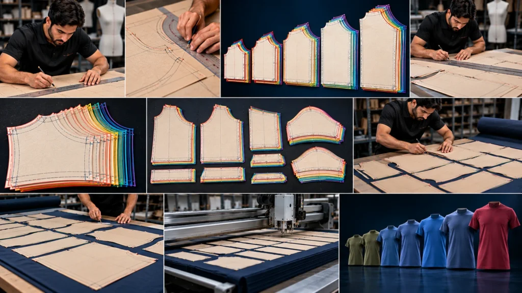 Garment pattern grading workflow showing manual pattern drafting, multi-size graded patterns, fabric layout, automated cutting, and finished shirts progressing from small-scale manual work to high-volume apparel production.
