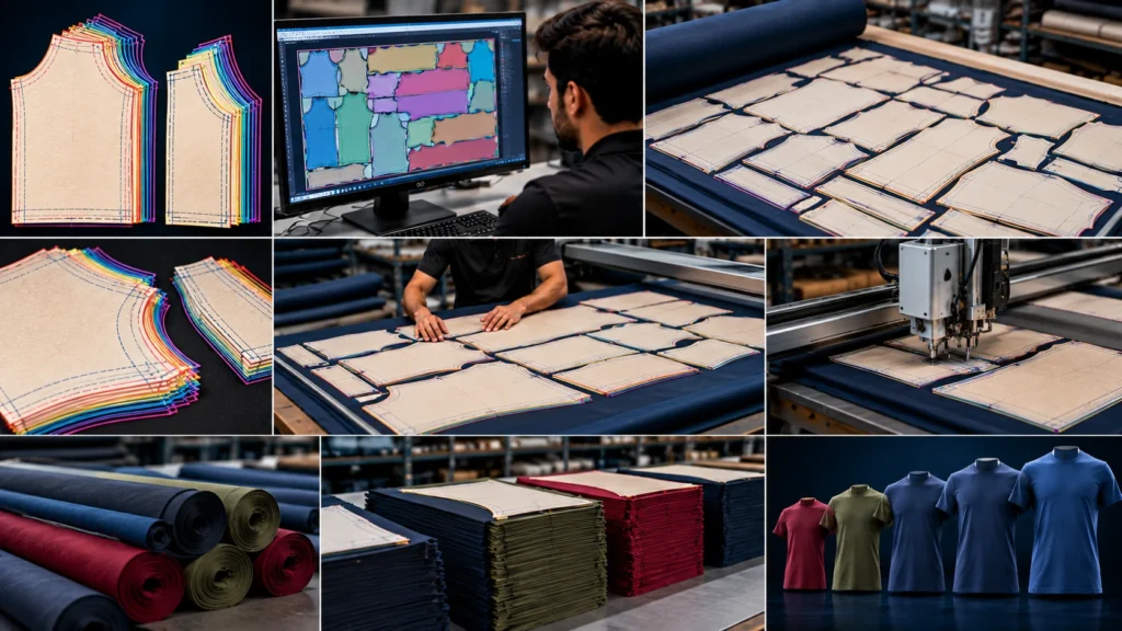 Nested garment grading and marker-making process showing multi-size pattern pieces, CAD marker layouts, patterns arranged on fabric, automated cutting, fabric rolls, stacked cut panels, and finished shirts in multiple sizes.