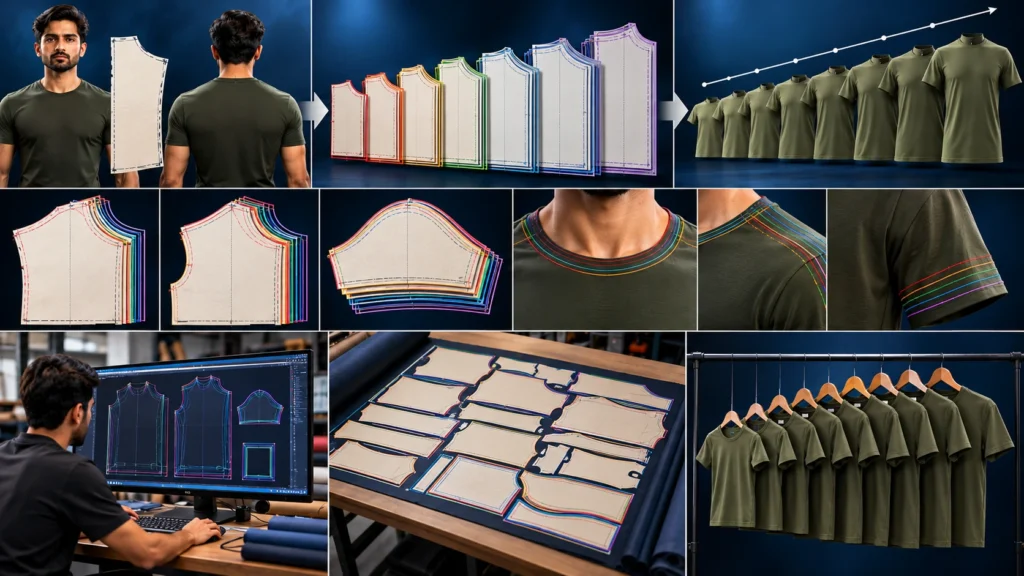 Pattern grading process showing a base shirt pattern expanded into multiple sizes, graded pattern pieces, neckline and sleeve adjustments, CAD pattern development, fabric marker layout, and finished olive green shirts in a complete size run.
