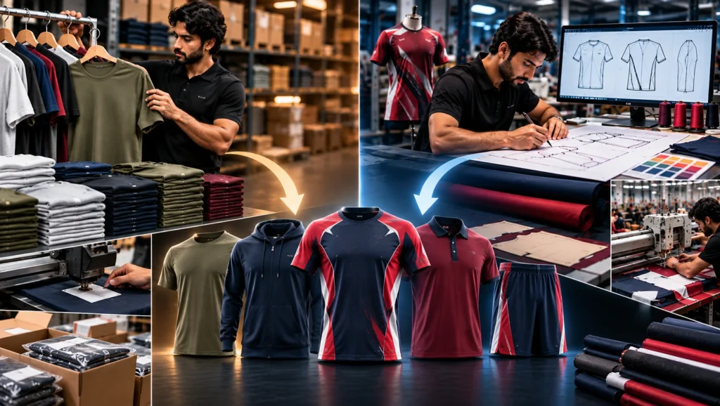 Private label and OEM apparel manufacturing working together, showing ready-made garment selection, customization, packaging, custom pattern development, fabric cutting, sewing, and a finished collection of shirts, hoodies, jerseys, polos, and shorts.