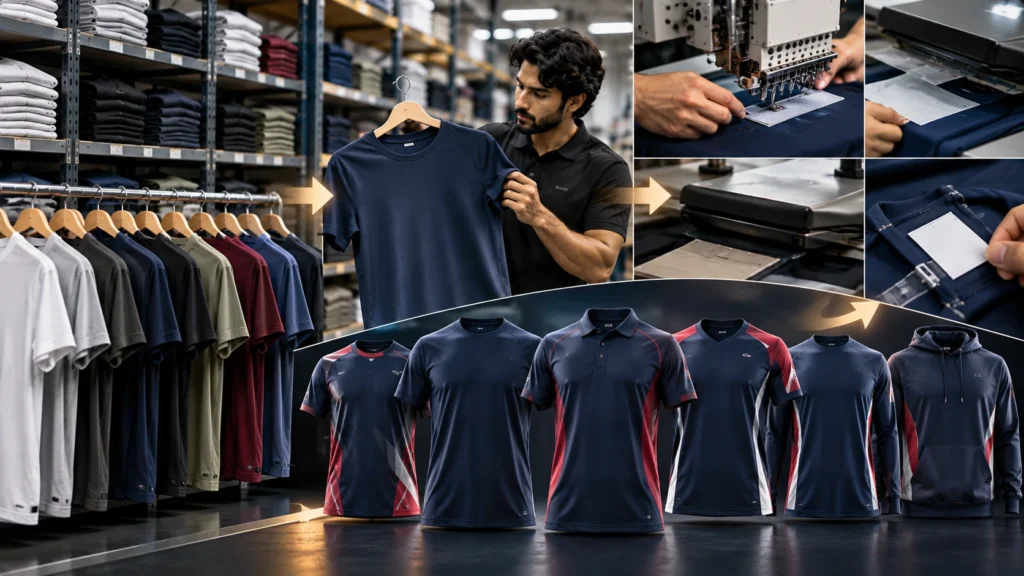 Private label apparel manufacturing process showing existing blank garments selected from factory stock, quality inspection, embroidery, heat printing, custom label application, and finished branded-style shirts, polos, performance tops, and hoodies.