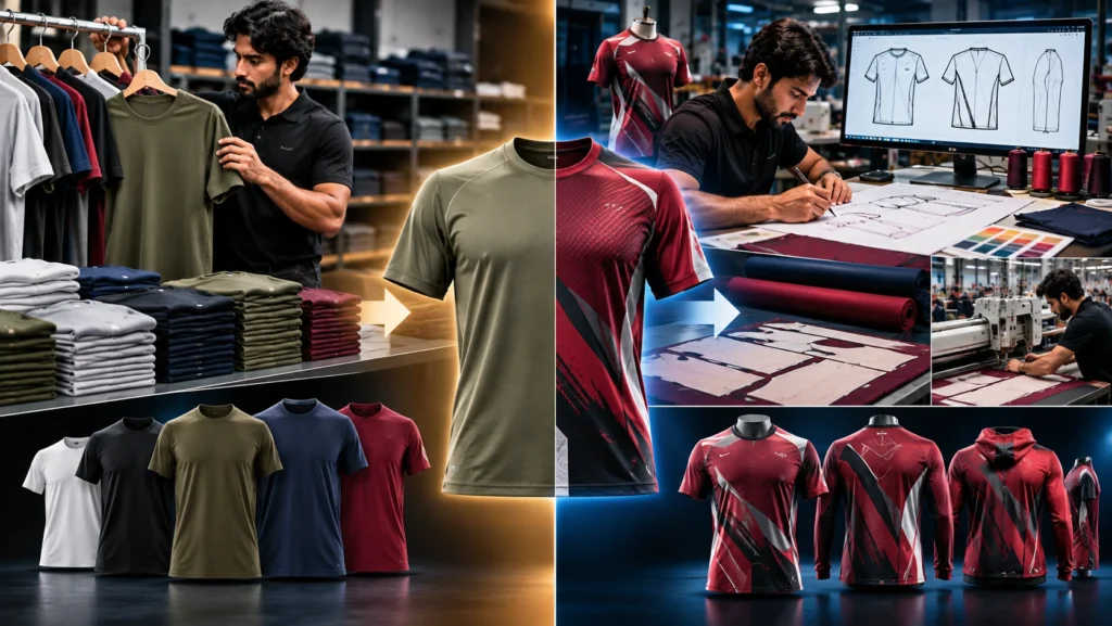 Private label versus OEM apparel manufacturing comparison showing ready-made garments and stock styles alongside custom garment design, pattern development, fabric cutting, sewing, and finished custom sportswear.