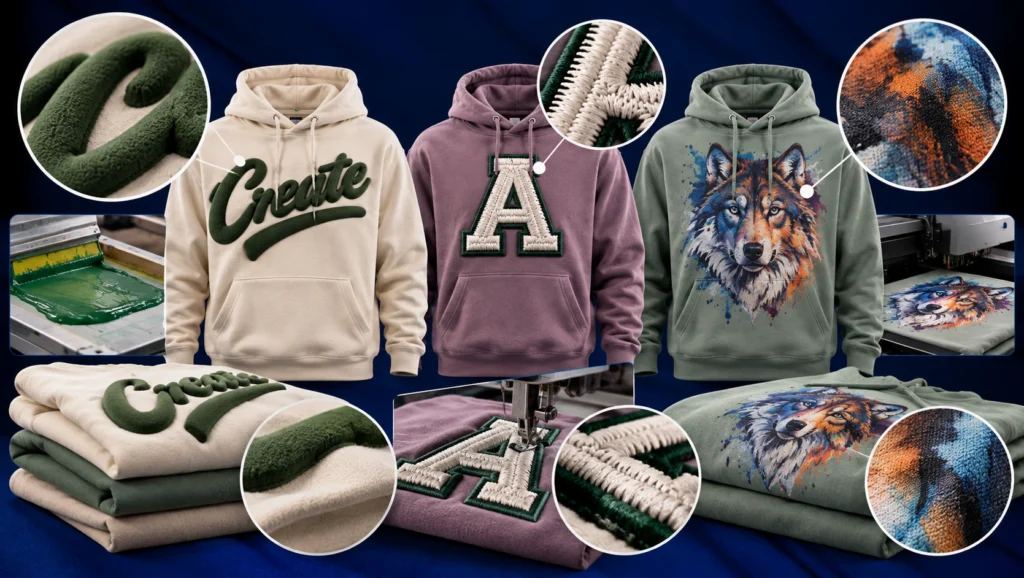 Custom hoodie decoration comparison featuring a cream hoodie with raised green puff printing, a mauve hoodie with 3D embroidery, and a sage green hoodie with colorful DTG printing, alongside close-up fabric textures and production details on a dark navy blue background.