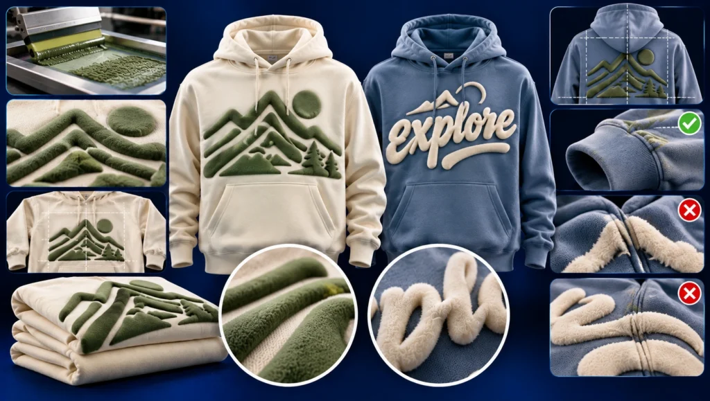 Custom hoodie puff printing guide featuring a cream hoodie with raised olive green mountain artwork and a dusty blue hoodie with cream puff print lettering, showcasing correct artwork placement, fabric textures, printing techniques and examples of raised prints distorted by seams and folds on a dark navy blue background.