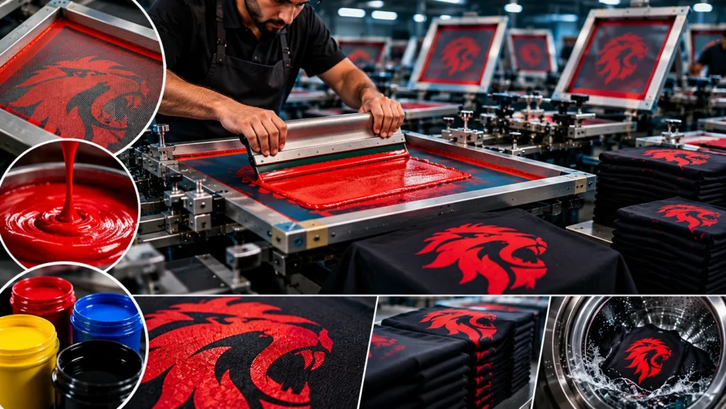 Screen printing process showing thick ink pushed through a mesh screen with a squeegee, multiple printing stations, ink containers, finished printed shirts, close-up print texture, and wash durability testing for high-volume apparel production.