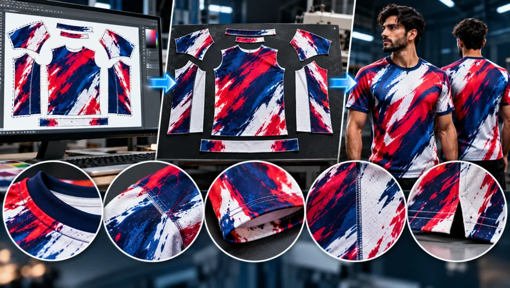 All-over print artwork setup showing jersey pattern panels, print bleed and alignment, sewing and seam construction, collar and hem details, and a finished garment with graphics wrapping continuously across the panels.