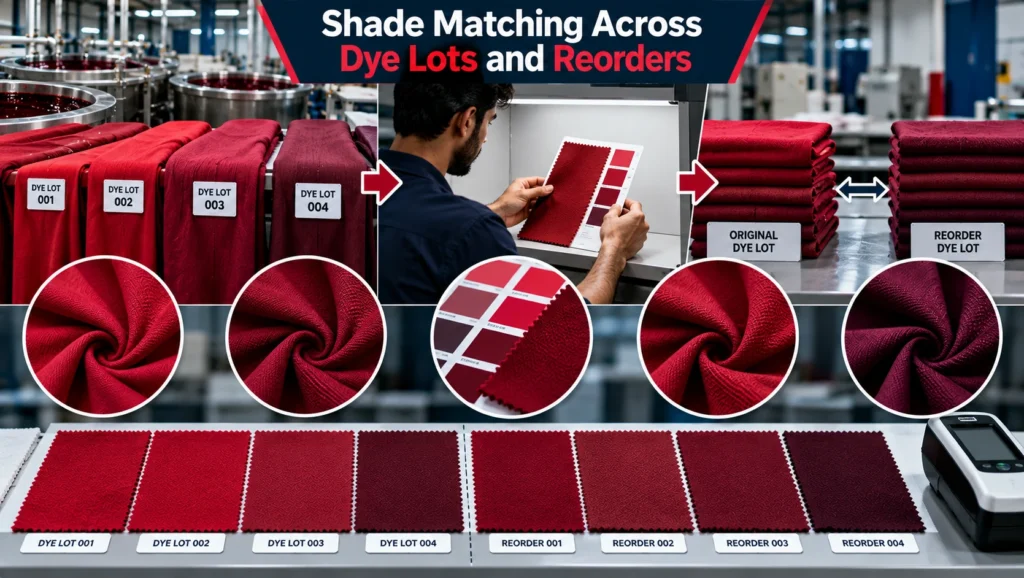 Textile shade matching process comparing multiple dye lots and reorder batches using fabric swatches, approved colour standards, controlled lighting and colour measurement equipment to maintain consistent colour across production runs.