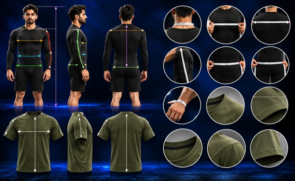 Standardized apparel body measurement methods showing chest, waist, hip, shoulder, sleeve, neck, wrist and body length measurement points alongside olive green shirts with corresponding garment measurement details