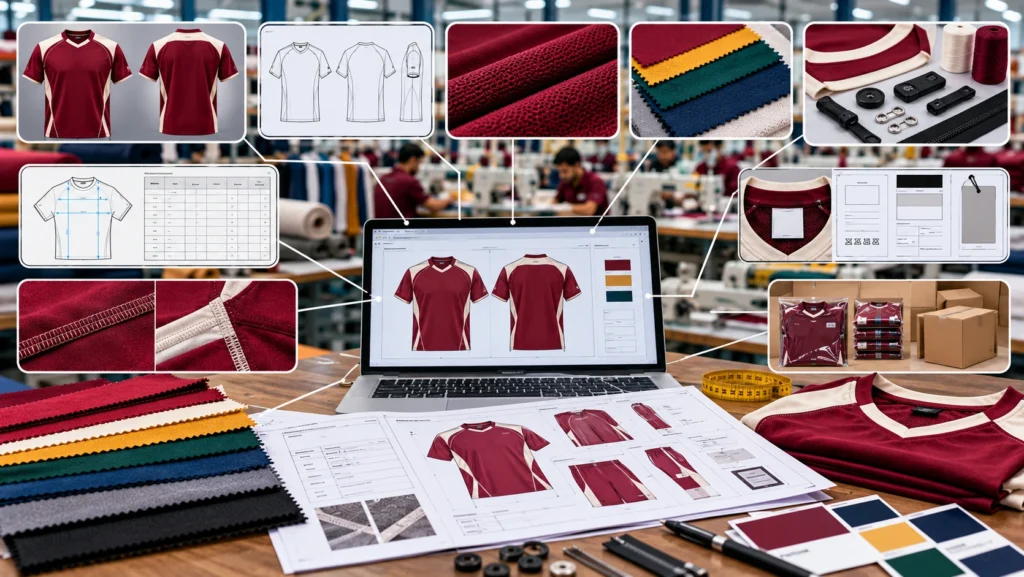 Apparel tech pack showing garment technical drawings, measurement specifications, fabric and colour swatches, seam construction, trims, labels, packaging details, and finished samples required before a factory can accurately quote production.