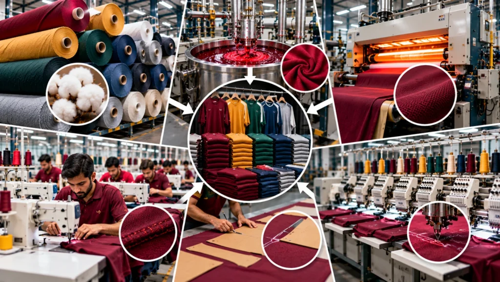 Apparel factory production showing fabric rolls, dyeing, finishing, pattern cutting, sewing and embroidery processes that create fixed setup costs and explain why manufacturers set minimum order quantities.