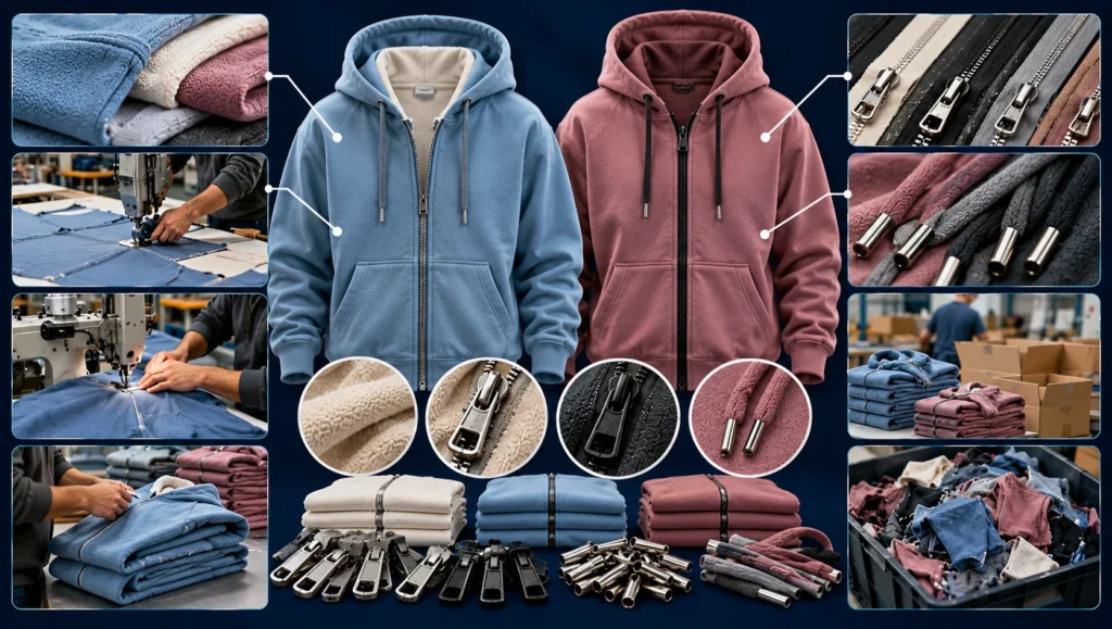 Zip-up hoodie manufacturing cost comparison featuring dusty blue and mauve hoodies, zipper hardware, fabric cutting, sewing operations, garment inspection, packaging and rejected materials, illustrating how production processes, hardware and defects affect costs on a dark navy blue background.