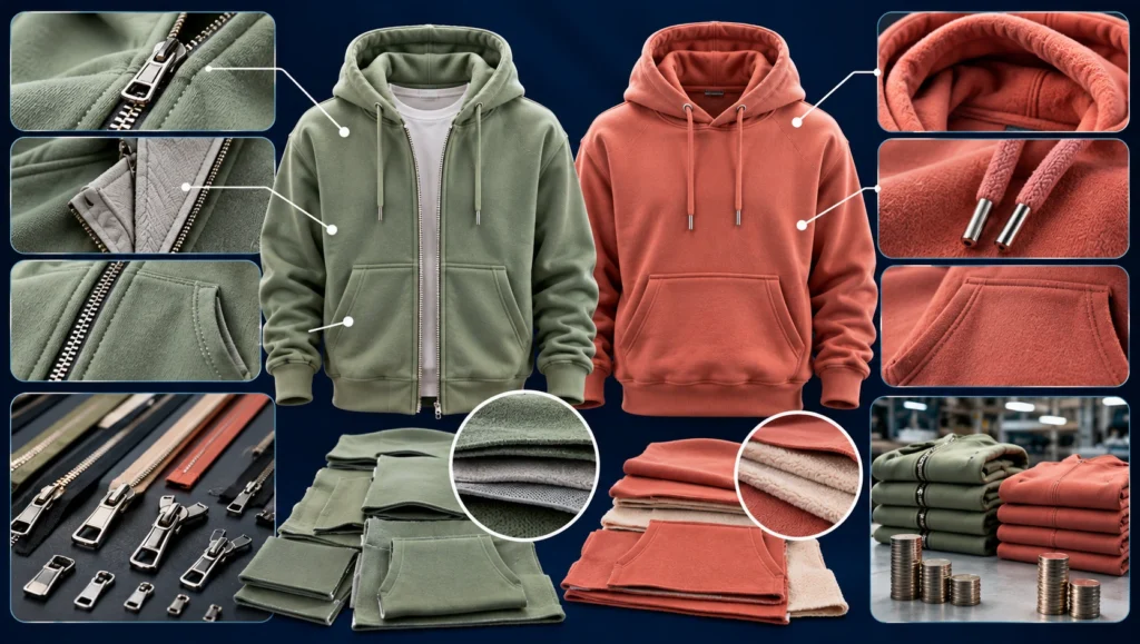 Zip-up vs pullover hoodie comparison featuring a sage green full-zip hoodie and coral pullover hoodie, with close-up zipper hardware, stitching, fabric layers, pocket construction and manufacturing cost details on a dark navy blue background.