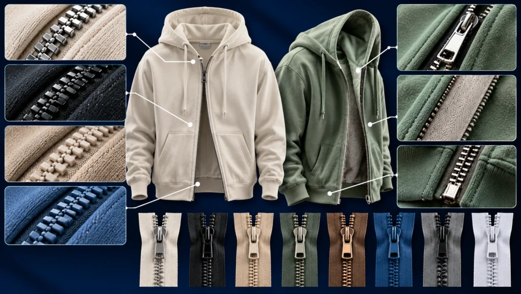 Custom zip-up hoodies in cream and sage green showcasing different zipper chain types, including metal and molded plastic zippers, with close-up details of zipper teeth, pulls, fabric textures and hardware finishes on a dark navy blue background.
